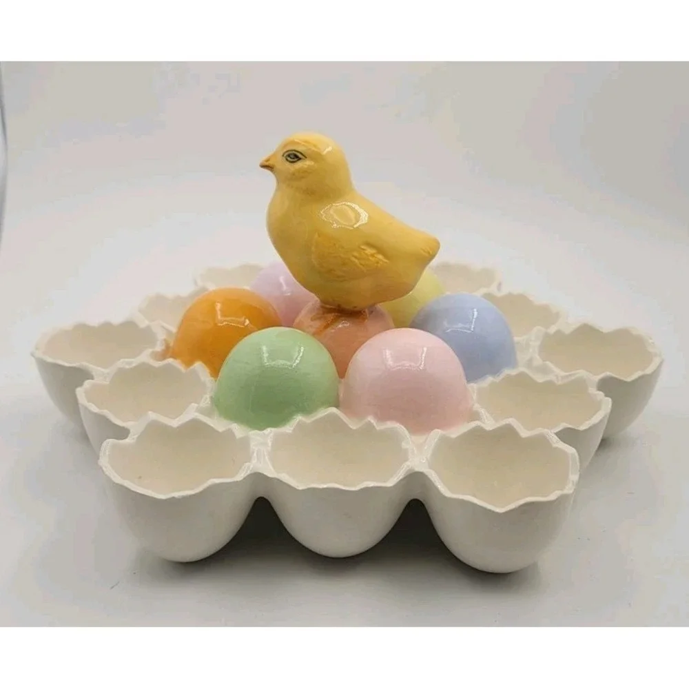 Vintage Easter Egg Ceremic Holder Chick With 12 Cracked‎ Egg Holders Deviled